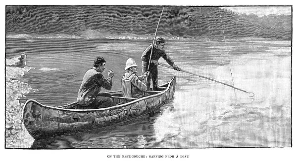 SALMON FISHING, 1890. On the Restigouche: Gaffing from a boat. Engraving, 1890