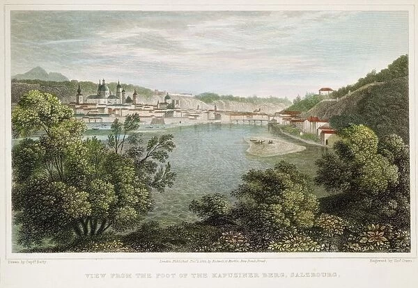 SALZBURG, AUSTRIA, 1822. A view from the foot of the Kapuziner Berg, Salzburg, Austria: steel engraving, 1822, after Robert Batty