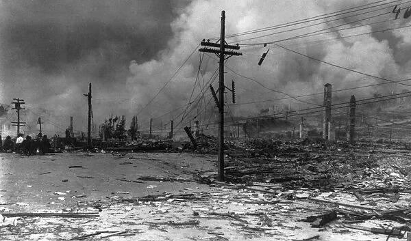 SAN FRANCISCO EARTHQUAKE. Ruins with damaged powerlines, following the earthquake