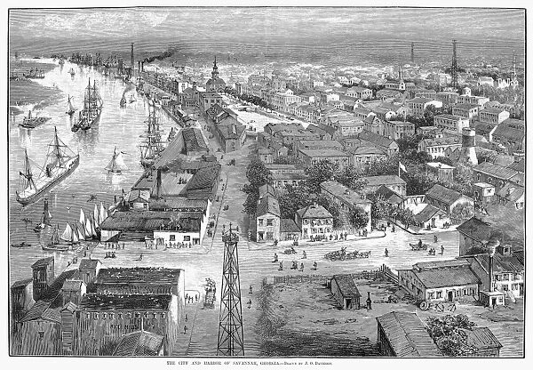 SAVANNAH, GEORGIA, 1883. Savannah, Georgia, and the harbor on the Savannah River. Wood engraving, American, 1883