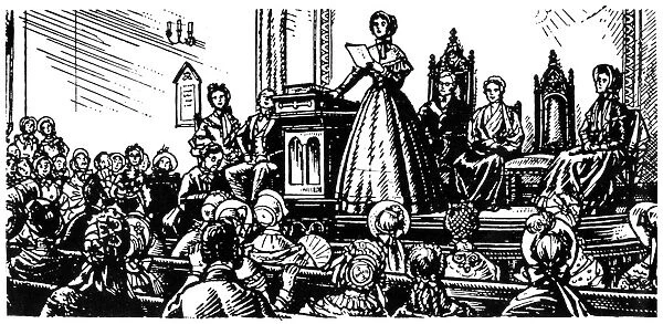 SENECA FALLS MEETING, 1848. Elizabeth Cady Stanton addressing the first Womens Rights meeting at Seneca Falls, New York, on 20 June 1848. Illustration, early 20th century
