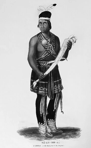 SENECA MAN, 1851. D├ñ-Ah-De-A, a Seneca Native American man in traditional Iroquois dress. Aquatint engraving from Lewis Henry Morgans League of the Iroquois, 1851