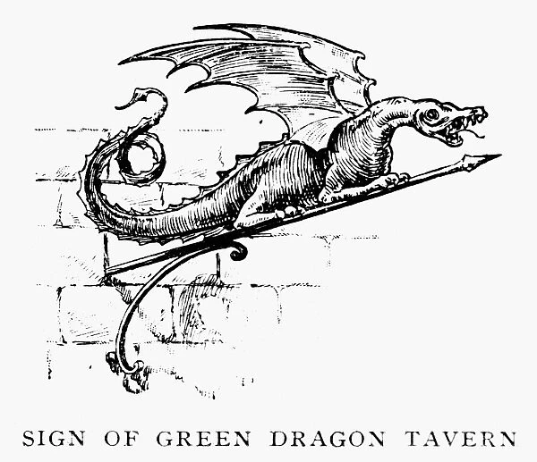 Sign of the Green Dragon Tavern in Bostons North End, where the Boston Tea Party was planned and from where Paul Revere started his ride. Wood engraving, 19th century