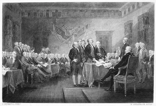 The signing of the Declaration of Independence in Congress, at the Independence Hall, Philadelphia, Pennsylvania, 4 July 1776. Steel engraving after the painting by John Trumbull