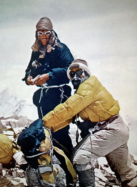 SIR EDMUND HILLARY (1919-2008). New Zealand mountaineer and explorer. Sir Edmund Hillary and Tenzing Norgay near the summit of Mount Everest, 28 May 1953