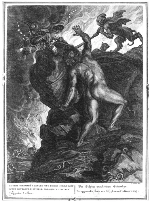 アート・デザイン・音楽 Sisyphus Fighter sarcophage VISITORS Framed Print of French Copper Engraving Print: Sisyphus Stone