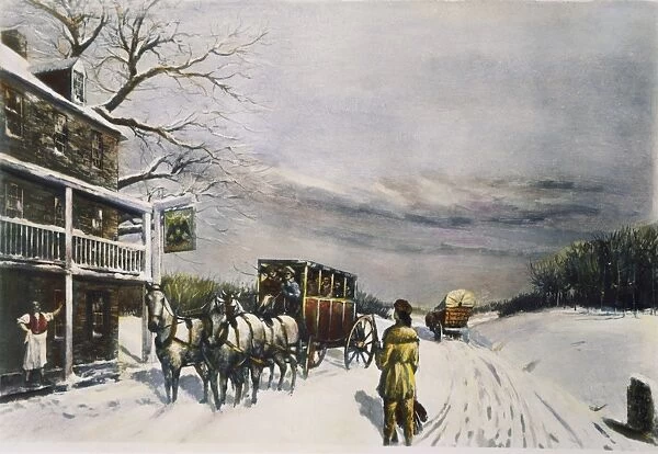 SNOWY TURNPIKE, 1795. A snowy day on the Lancaster, Pennsylvania Turnpike in 1795. After a painting by Carl Rakeman (1878-1965)