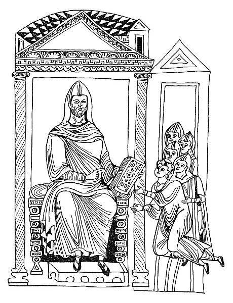 ST. BENEDICT OF NURSIA (c480-c543). Italian religious. St. Benedict handing the Rule