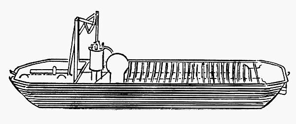 STEAMBOAT PLAN, 1780s. Plan of James Rumseys steam-propelled boat. Woodcut, 1780s
