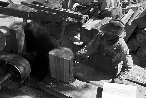 TEXAS: SAW MILL, 1939. A worker using a circular saw to make roof shingles from pine logs