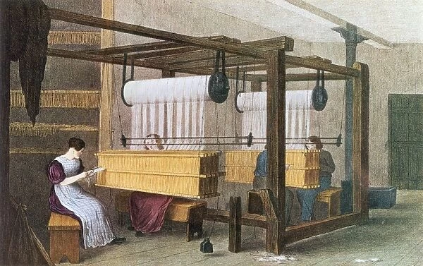 TEXTILE MANUFACTURE, 1840. Reeding and drawing at a Manchester cotton mill. Lithograph