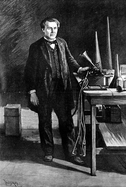 THOMAS EDISON (1847-1931). American inventor. Edison in his laboratory. Engraving by Thure Thulstrup, 1889