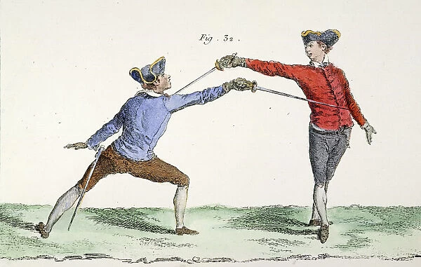 A thrust in epee or foil fencing. Copper engraving, French, mid-18th century