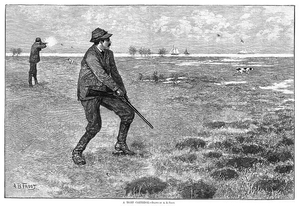 A Tight Cartridge. A bird hunter having trouble with his rifle. Wood engraving, American, 1884