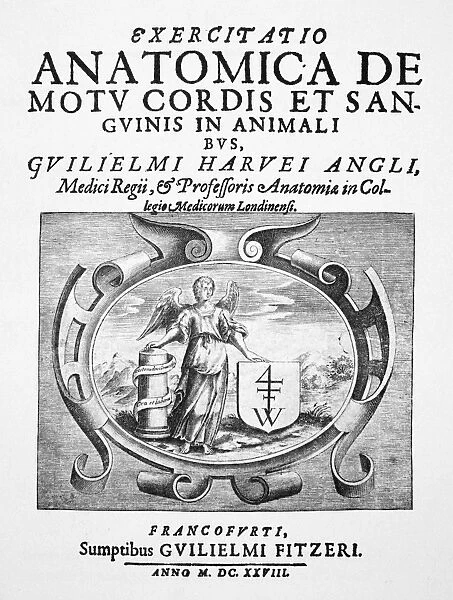 Title-page of William Harveys publication of his discovery of the circulation of the blood, De Motu Cordis et Sanguinis, Frankfurt, Germany, 1628