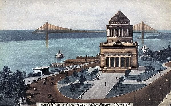 The tomb of Ulysses S. Grant on Riverside Drive at 123rd Street in upper Manhattan, and the recently completed George Washington Bridge across the Hudson River. American postcard, c1932