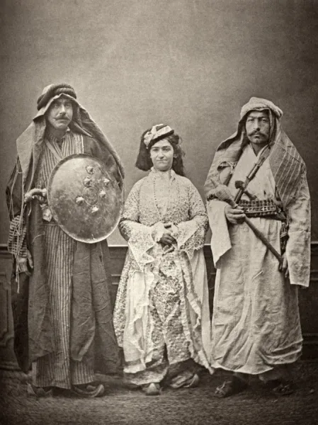 TRADITIONAL IRAQI CLOTHING. Models wearing traditional clothing from Baghdad. Left to right