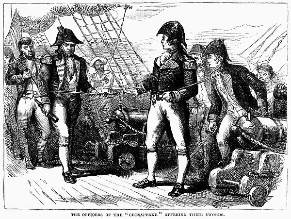 USS CHESAPEAKE, 1807. Captain James Barron of USS Chesapeake offering his sword to Captain S. P. Humphreys, boarding from HMS Leopard, following their engagement off Hampton Roads, Virginia, on 22 June 1807. Wood engraving, 19th century