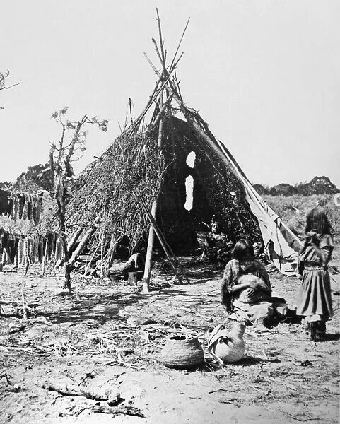UTE DWELLING, c1873. The Ute chief Tavaputs inside his conical brush dwelling in