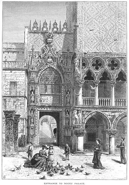 VENICE: PALACE ENTRANCE. Entrance to the Doges Palace, Venice, Italy. Wood engraving, c1875, by Edward Whymper after Harry Fenn