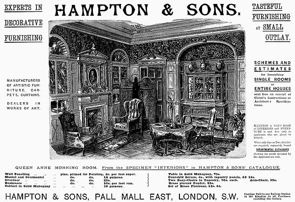 VICTORIAN FURNITURE, 1895. Advertisement engraving for furniture by Hampton & Sons of London, England