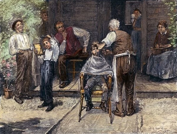 THE VILLAGE BARBER, 1883. Wood engraving, American, 1883, after a drawing by William Thomas Smedley