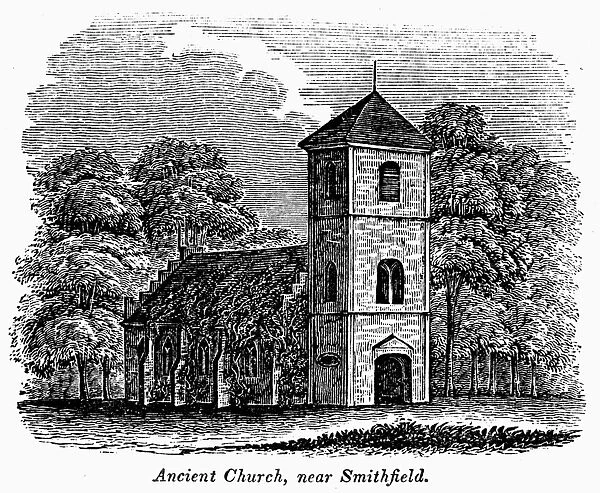 VIRGINIA: SMITHFIELD CHURCH. A church near Smithfield, Virginia. Wood engraving