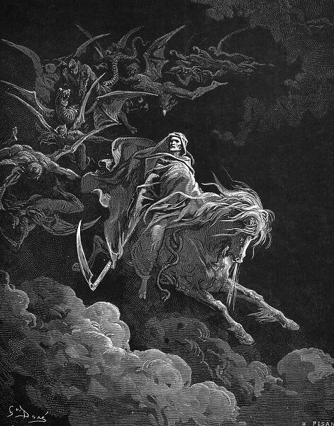 VISION OF DEATH. Vision of Death (on a pale horse), Revelation 6:8. Wood engraving after Gustave Dor