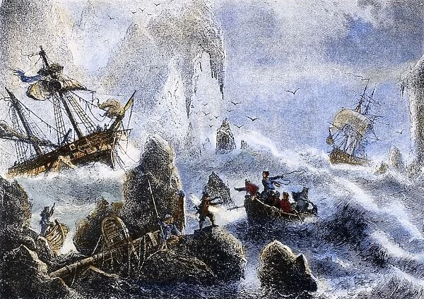 VITUS JONASSEN BERING (1681-1741). Danish navigator. The shipwreck of Berings ship and his crew off the Kamchatka peninsula in 1741. Line engraving, 19th century