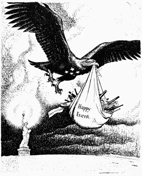 The Way of a Stork. English cartoon by Leslie Illingworth, 1941, characterizing the birth of the Lend-Lease Act as a happy event for Britain. RESTRICTED OUTSIDE US