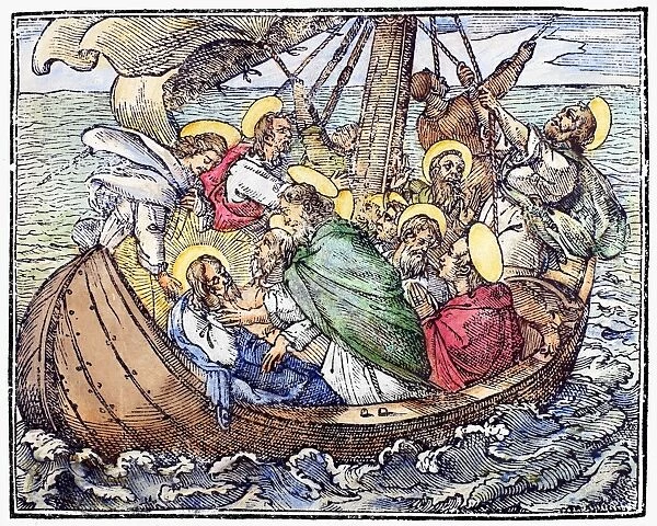 Woodcut illustration of Christ and the Apostles during the storm on the Sea of Galilee (Mark 4: 38), from an edition of the Gospels printed at Rome in 1591