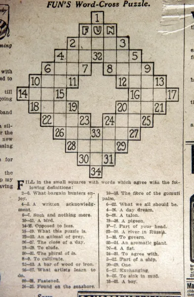 Word-cross puzzle, the first crossword puzzle, from the fun supplement of the Sunday edition of the New York World, 21 December 1913