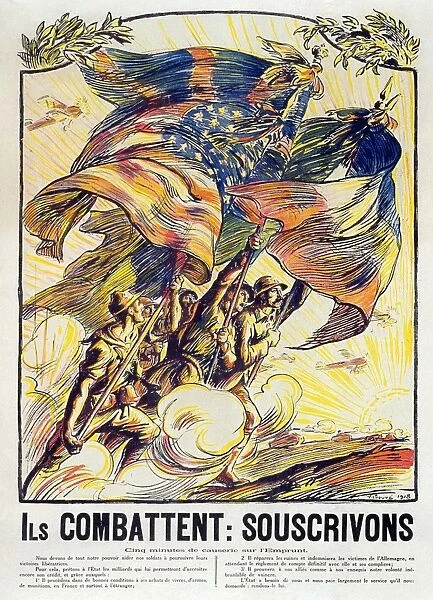WORLD WAR I: FRENCH POSTER. They Fight: We Should Subscribe. Soldiers from different Allied forces carrying their flags into battle. Lithograph poster by Victor Emile ProuvÔÇÜ, 1918, encouraging French citizens to subscribe to the National Defense Loans