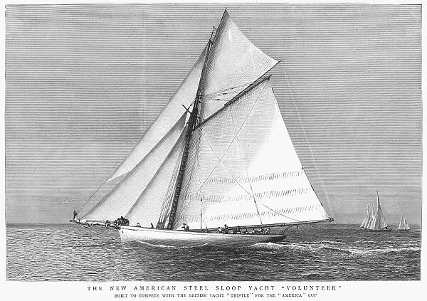 YACHT, 1887. The American steel sloop yacht, Volunteer, built to compete in the America Cup