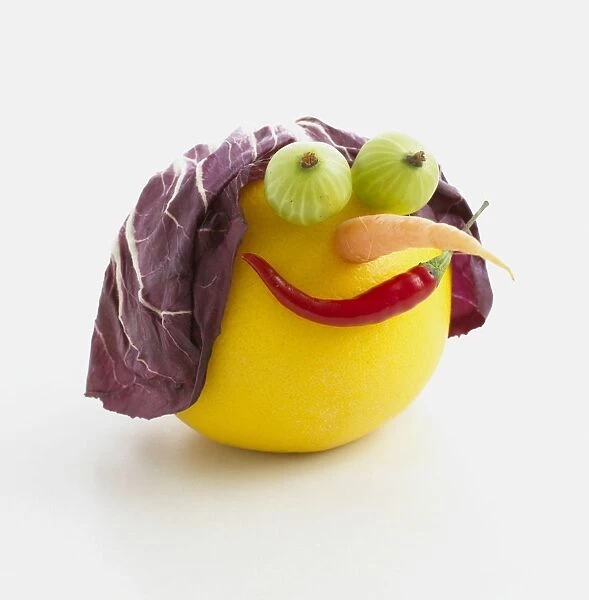 Anthropomorphic face made from fruit and vegetables