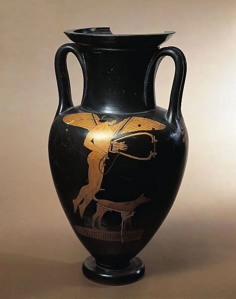 Attic amphora representing winged Eros with lyre and dog at his feet
