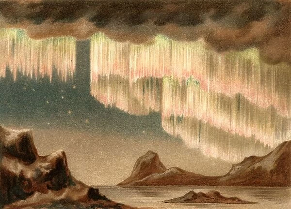 Aurora Borealis or Northern Lights. Curtain aurora observed from Greenland, 6 January 1861