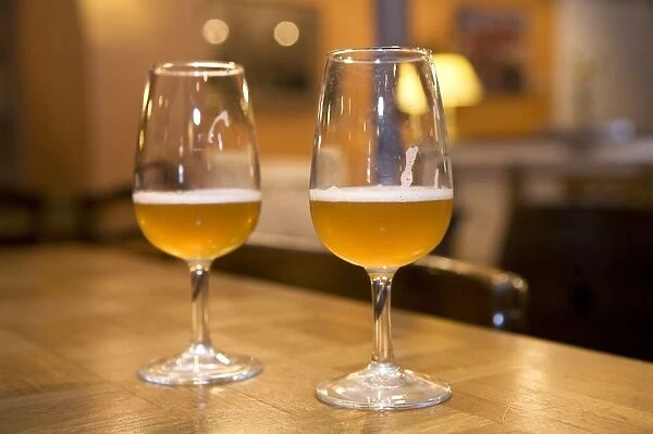 Belgium, Brussels, Musee Gueuze, two glasses of beer on table in Brasserie Cantillon