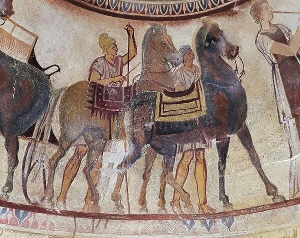 Bulgaria, Kazanlak, Tomb of Thracian prince, Detail of fresco with horses and grooms