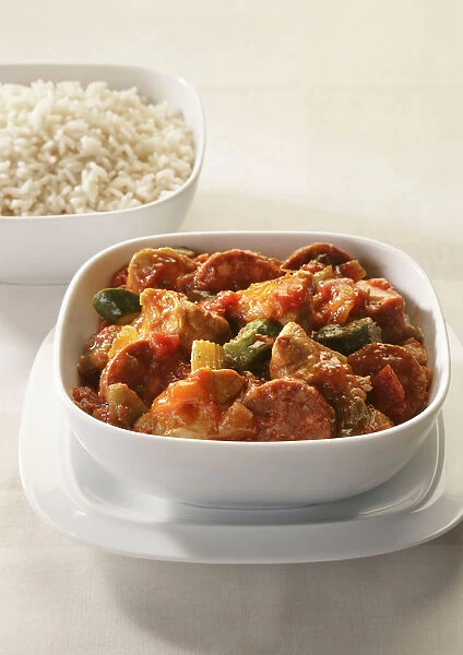 Chicken Gumbo, containing chicken, sausages and mixed vegetables, served with white rice, close-up