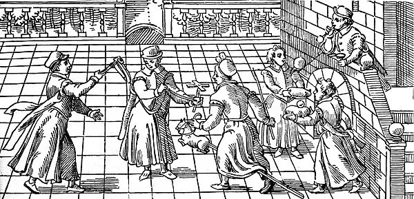 Childrens games in the 16th century: from left to right are shown rattle, windmill