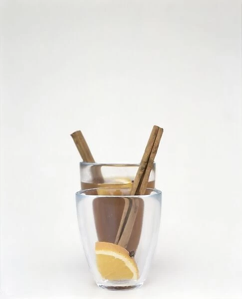 Cinnamon sticks and lemon slice in glass containing hot mead punch