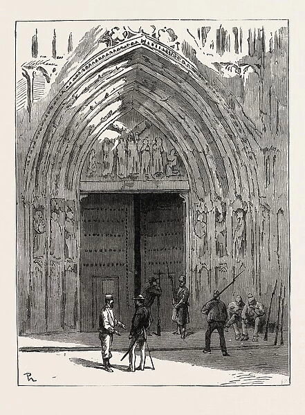 THE CIVIL WAR IN SPAIN: THE APOSTLES GATE, VALENCIA, 1873 engraving