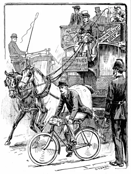 Rover Safety Cyclist in Busy London Traffic, 1895 Art
