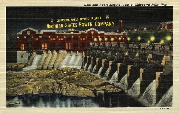 Dam and Hydro-Electric Plant. ca. 1945, Chippewa Falls, Wisconsin, USA, Dam and Hydro-Electric Plant at Chippewa Falls, Wis