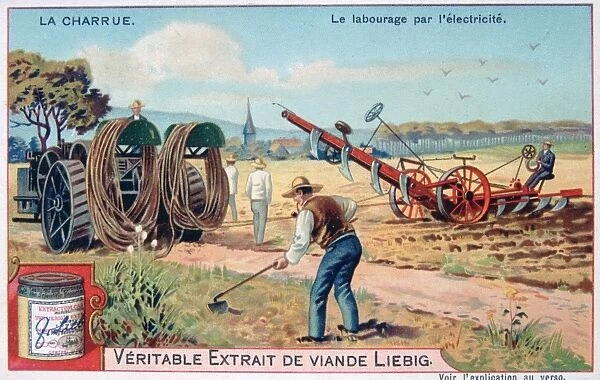 Electric plough being dragged across a field. Liebig Trade Card early 20th century