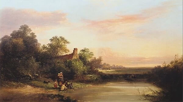 English landscape with cottage and stream. By EC Williams, British Painter. Oil on canvas