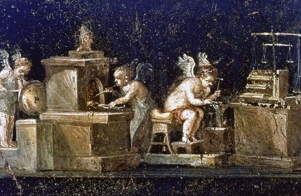 Excavations at Pompei: Wall painting from the House of the Vetti showing cupids as goldsmiths