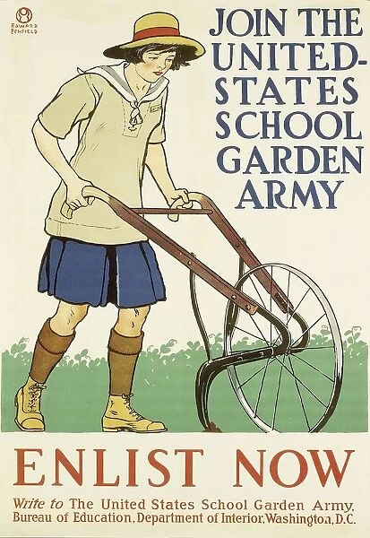 First World War - Join United States school garden army. Enlist now, propaganda poster, illustration by Edward Penfield, 1918