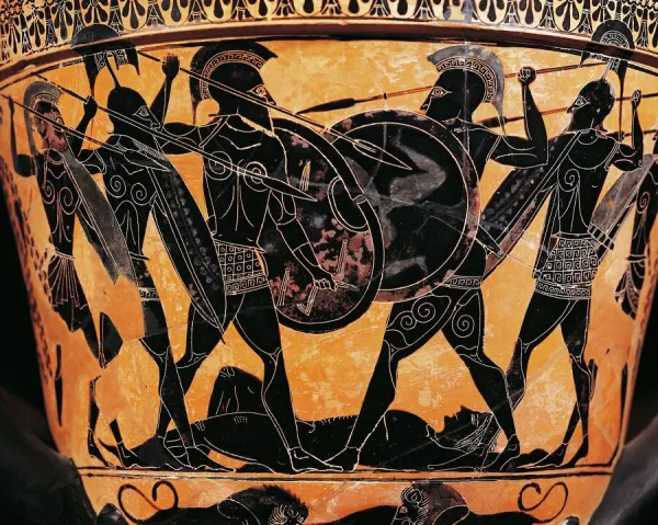 Greek civilization, Black-figure pottery, Krater depicting fight for the body of Patroclus, From Farsala, Greece